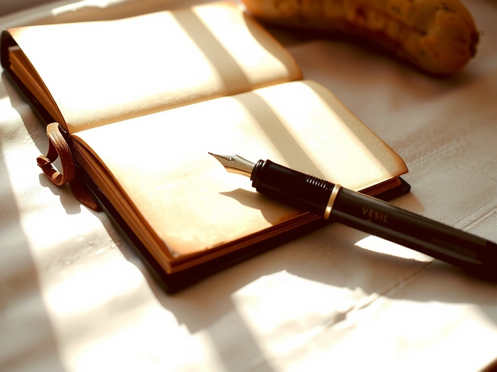 Vintage medical journal and fountain pen on cream linen desk cloth